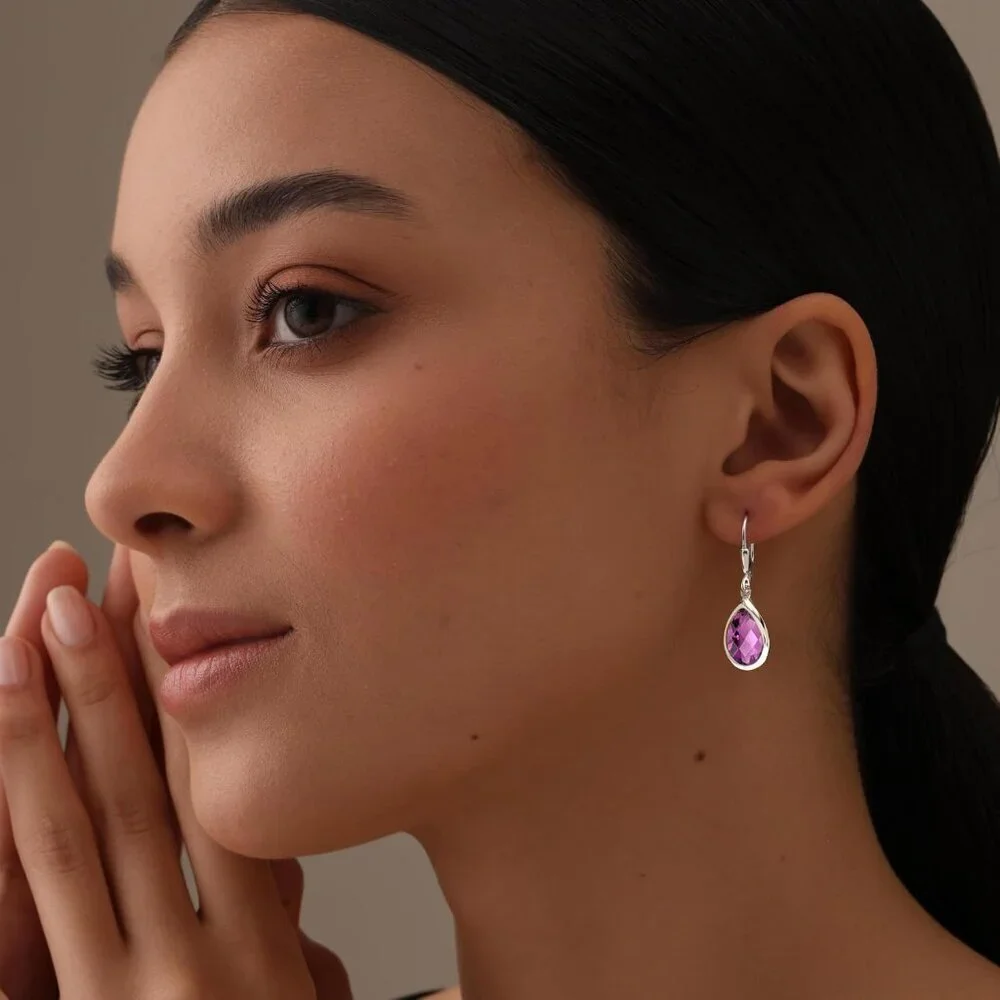 Women's Sterling Silver Drop Created Birthstone Leverback Purple Earring - Picture 2 of 6